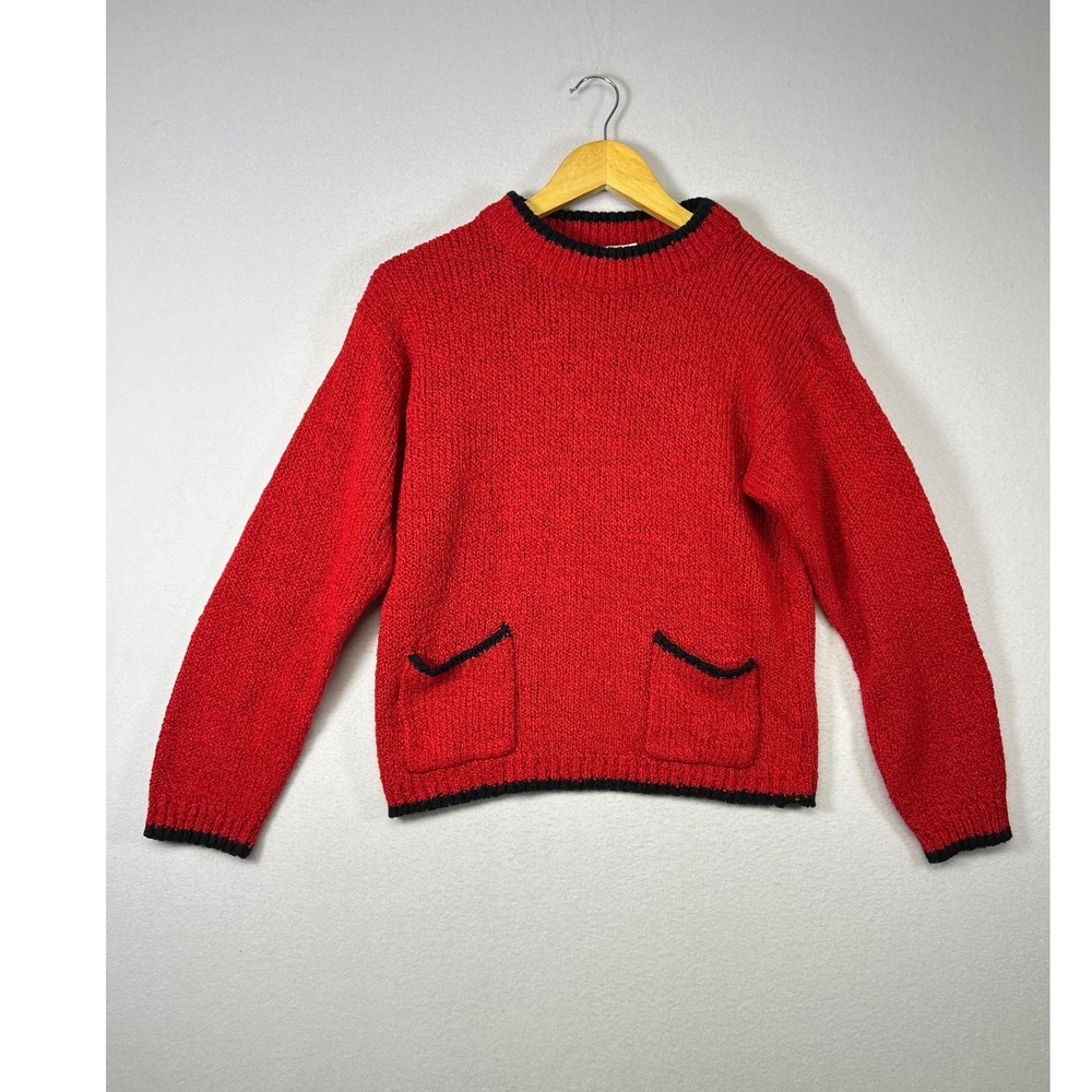 Preppy Retro Pretense Women S Red Black Trim Pocket Ribbed Knit Pullover Sweater